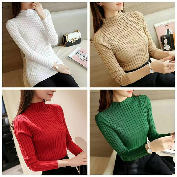 Women Faux Cashmere Pullovers Sweater Turtleneck Pleated Collar Warm Knit Tops B